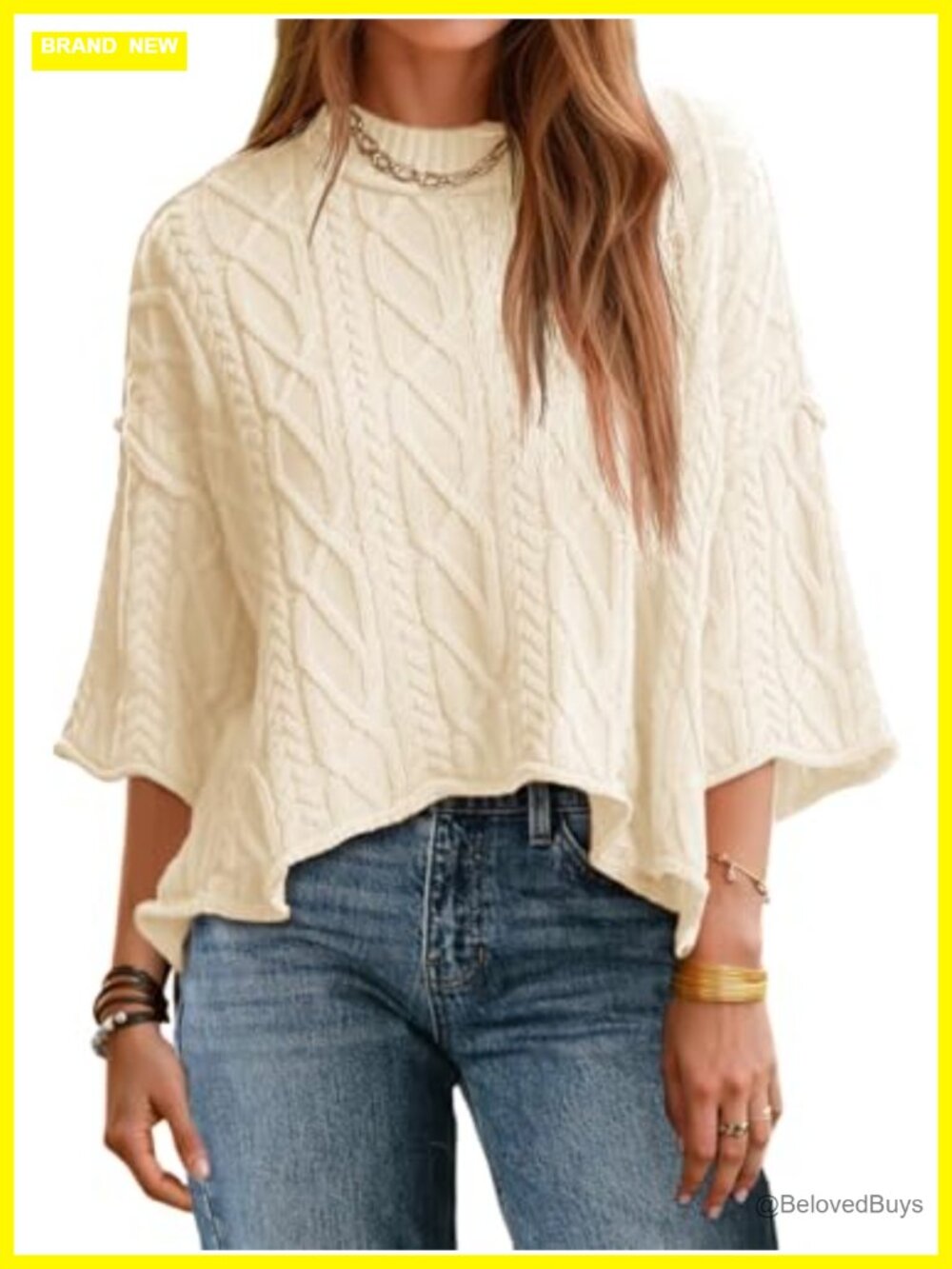 Cable Knit Cropped Sweater Oversized 3/4 Sleeve Crew Neck Pullover